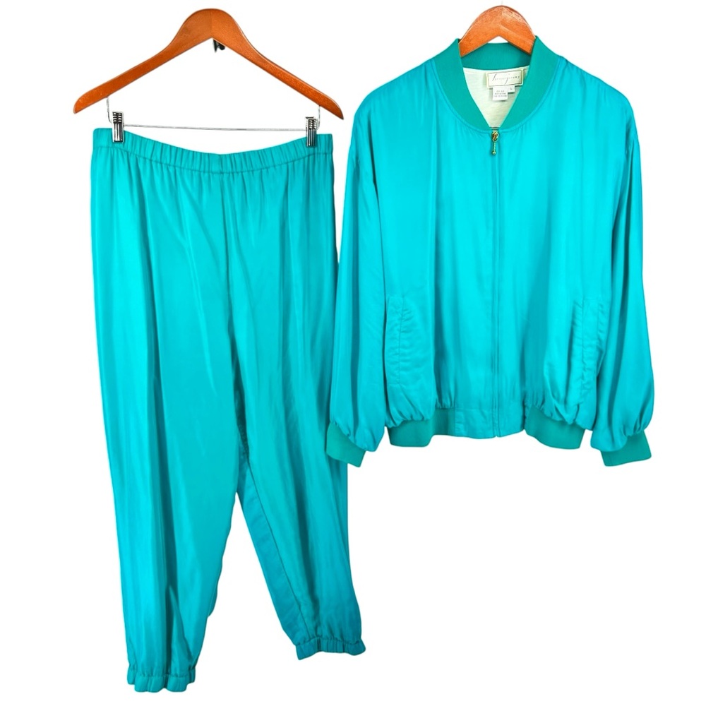 Vintage Spencer Jeremy 100% Silk 2 Piece Set Track Suit Large Dark Turquoise